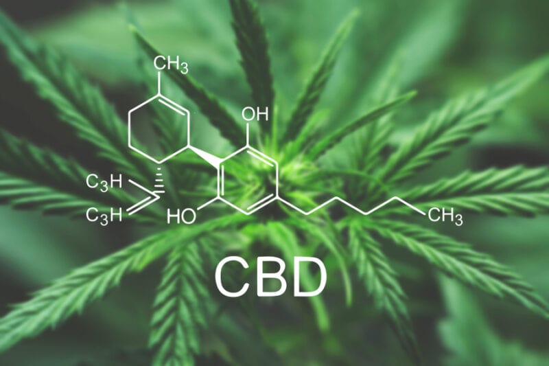 Formula chimica del CBD alias Cannabidiolo, sullo sfondo foglie di cannabis